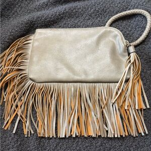 Fringed Leather Wristlet Clutch in Light Metallic Taupe